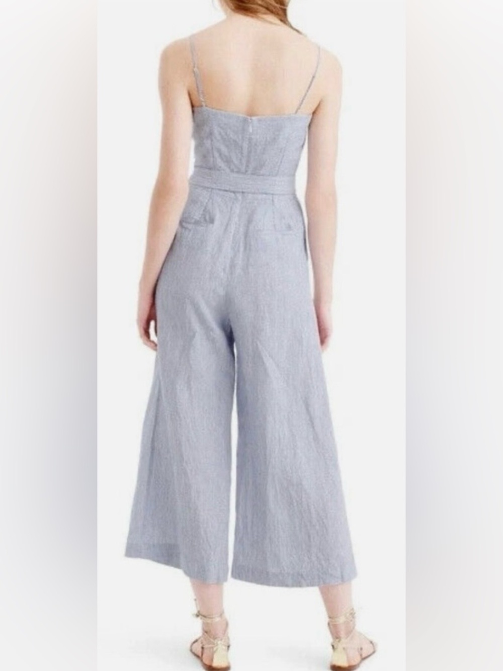J.Crew Spaghetti Strap Jumpsuit in Blue Striped Beauchamps Linen SIZE 6 - Picture 3 of 10